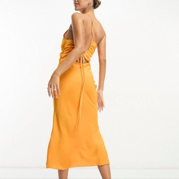 ASOS Design orange satin cut out sleeveless tie back midi dress - Picture 2 of 14